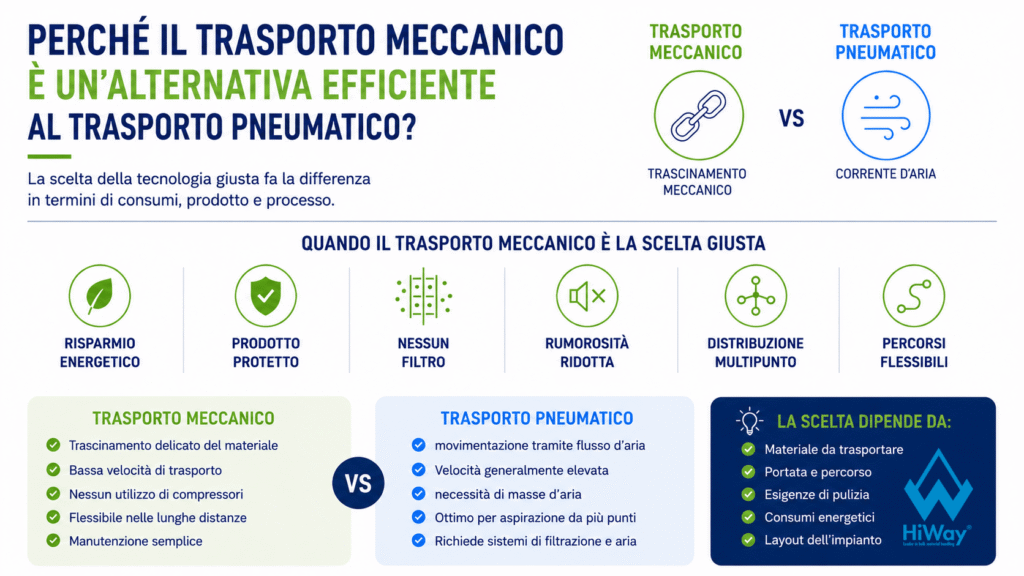 MECHANICAL TRANSPORT Gentle material transport Low transport speed No use of compressors Flexible over long distances Simple maintenance PNEUMATIC TRANSPORT Movement via air flow Generally high speed, requires large amounts of air Excellent for suction from multiple points Requires filtration and air systems